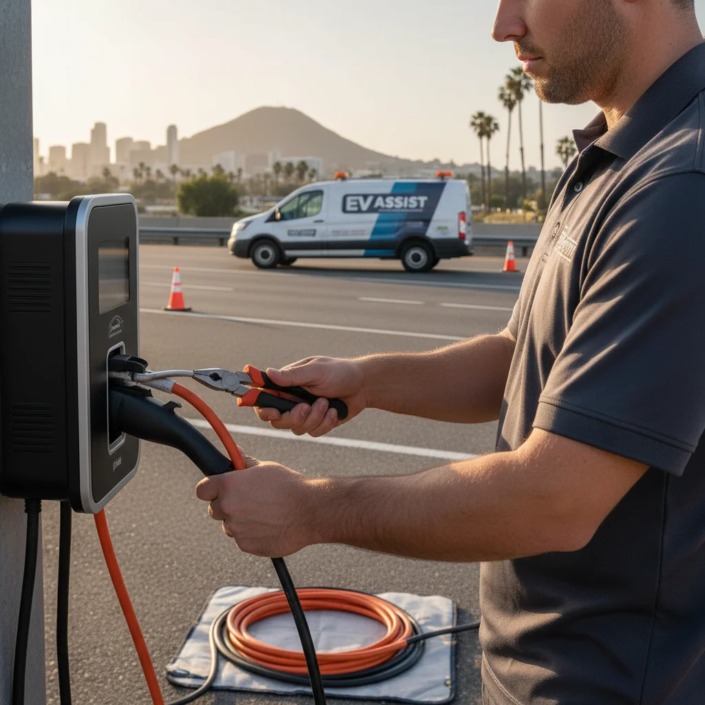 Technician plugging a portable charger into a crossover EV at a curb