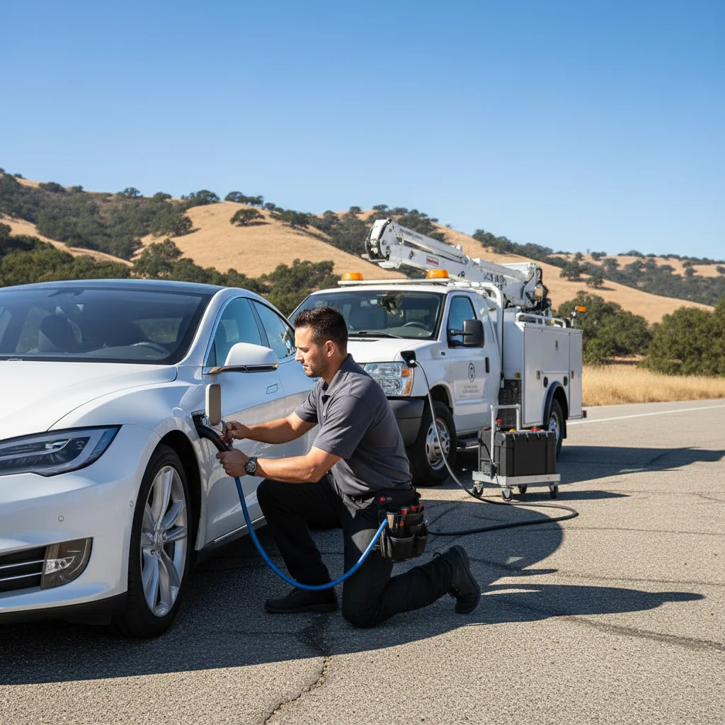 White Tesla Model Y stopped on a suburban shoulder with dry rolling hills behind it