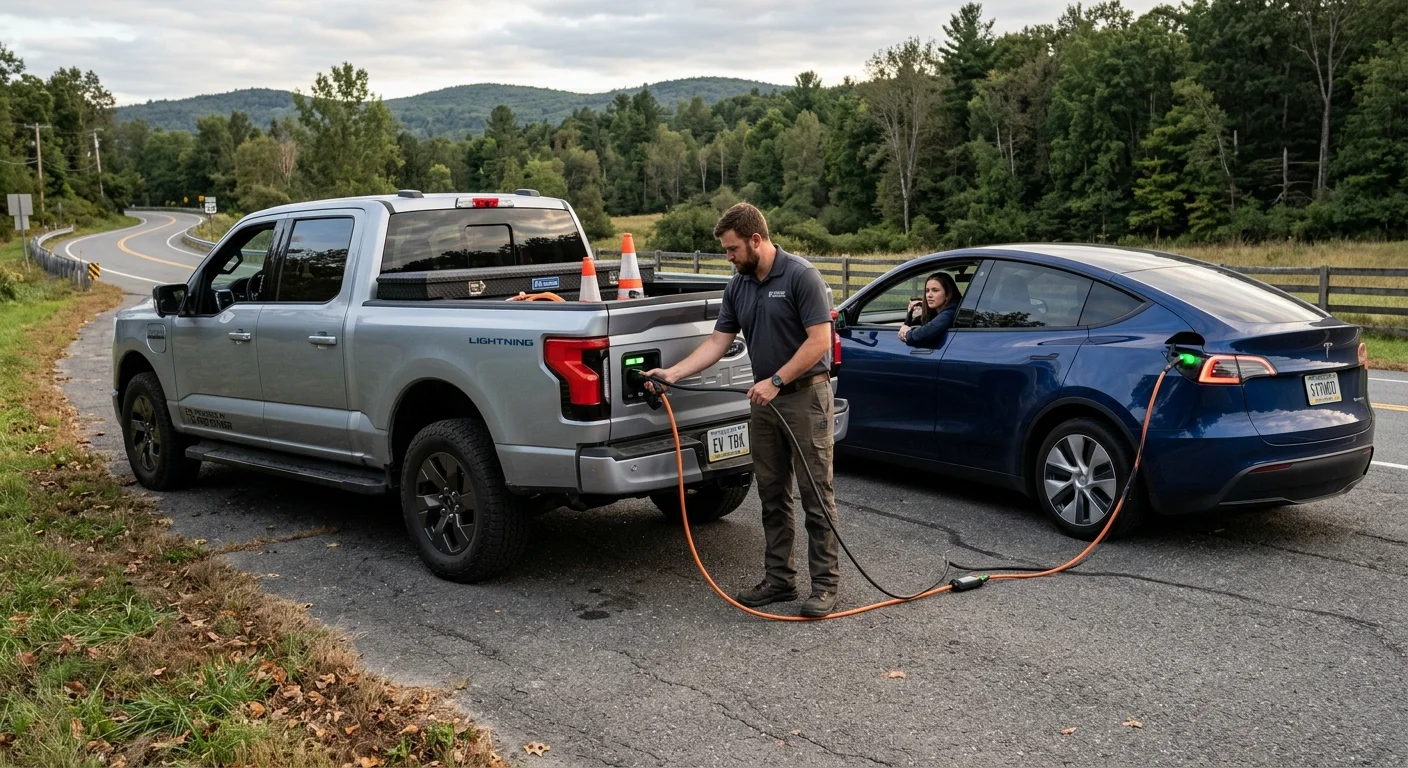 A Ford F-150 Lightning parked beside a dark crossover EV on a sunlit suburban street, with a charge cable between them