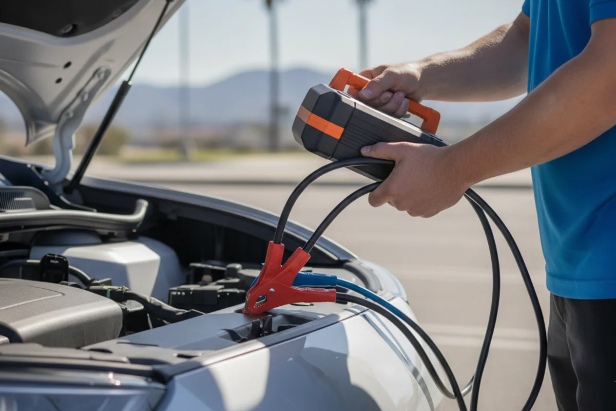 Jump leads on low-voltage posts in the open front trunk of an electric crossover