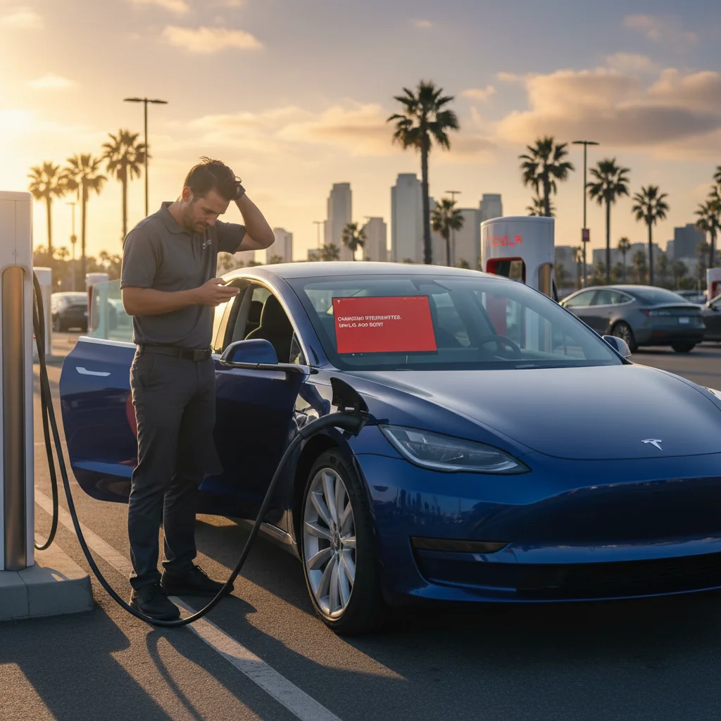A Tesla parked at a Supercharger stall with an error on the in-car screen as the driver checks a phone in late afternoon