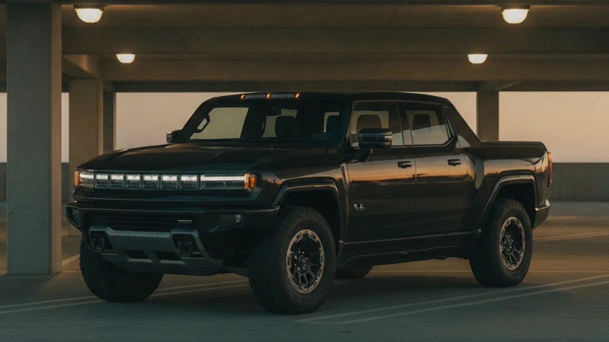 A GMC Hummer EV pickup parked alone in a dim parking structure with a dark, unlit interior.