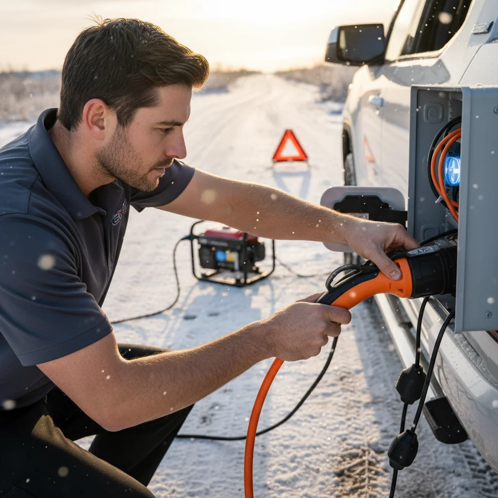 A 240-volt charge cable attached to an electric van at the curb, cargo still in the bay