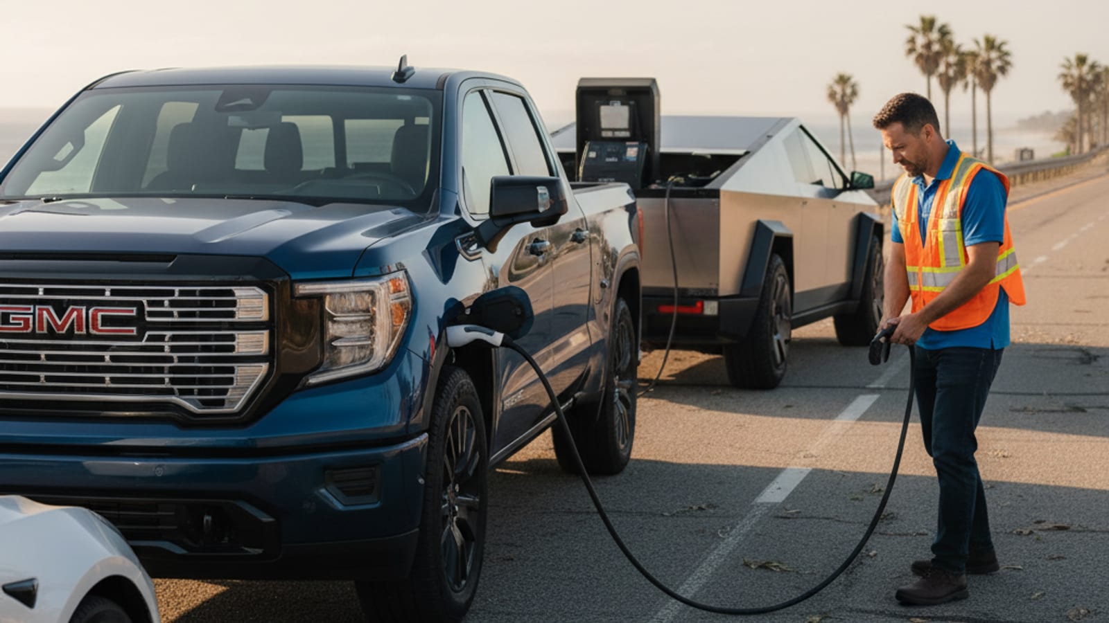 Electric pickup parked on a dry freeway shoulder with brown hills in the distance