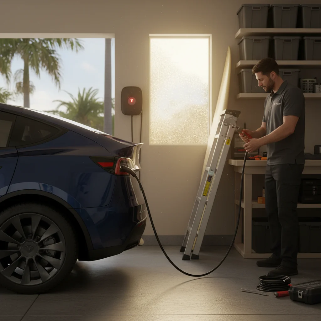 Wall-mounted Level 2 charger in a garage showing an error light on a plugged-in electric car