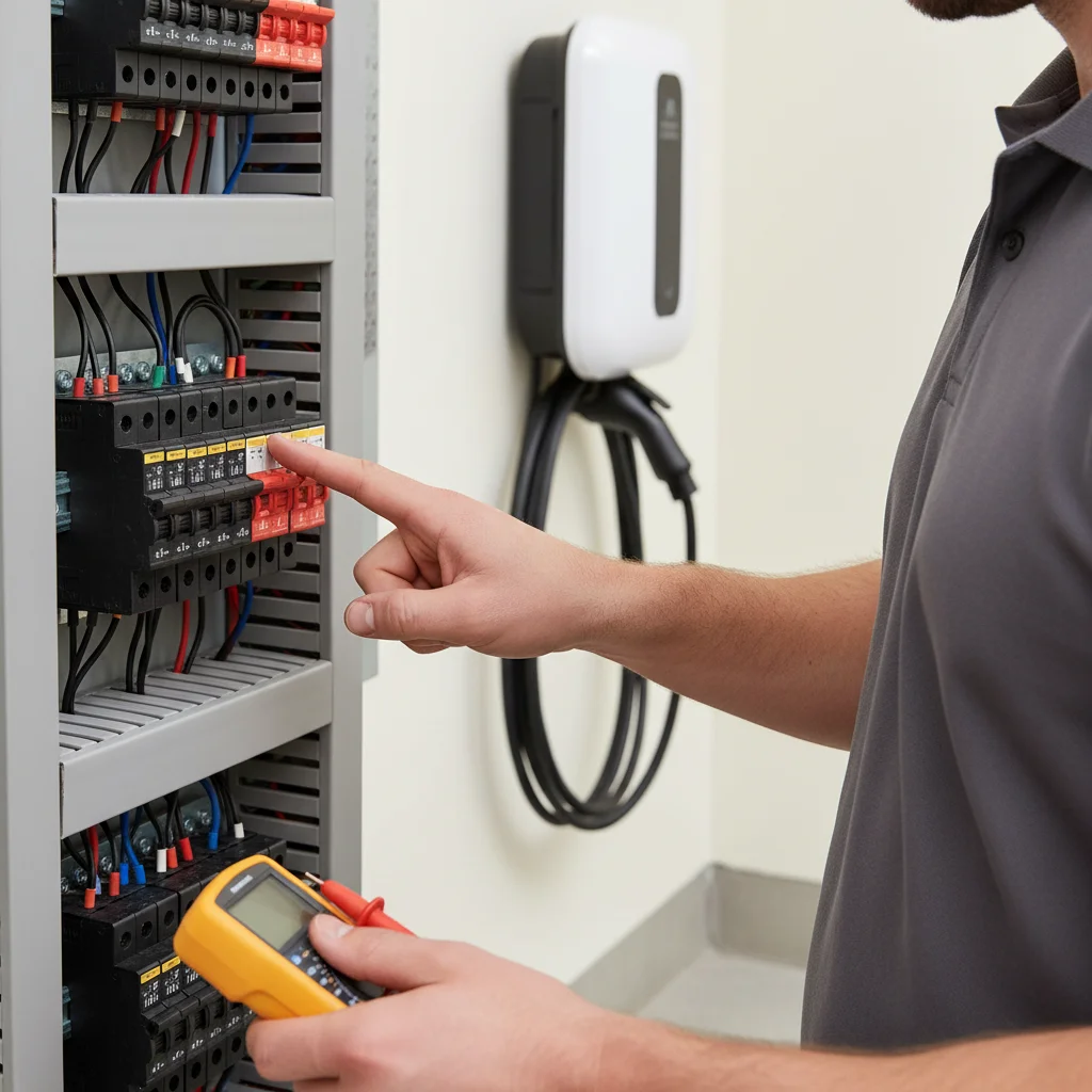 Hand checking a tripped breaker inside a residential electrical panel