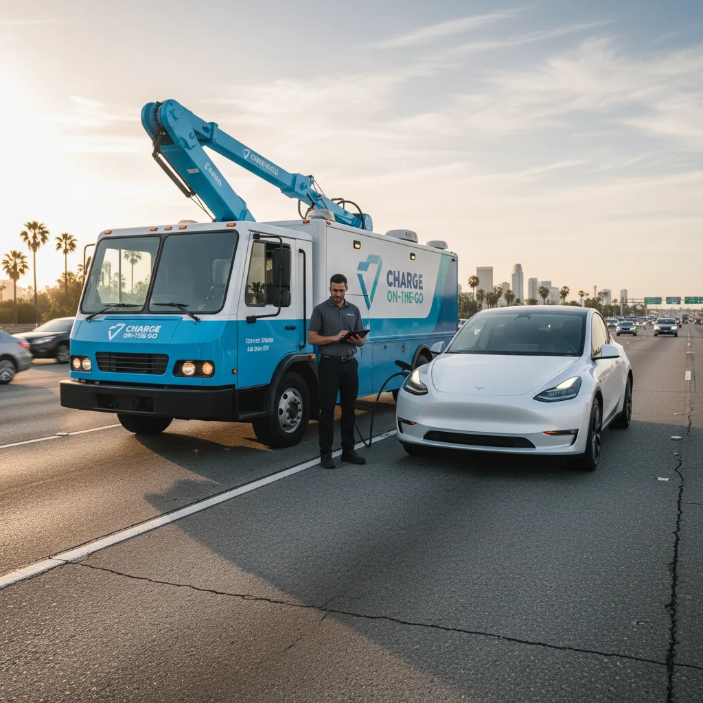 A mobile charging truck plugged into a white Tesla on a Southern California freeway shoulder