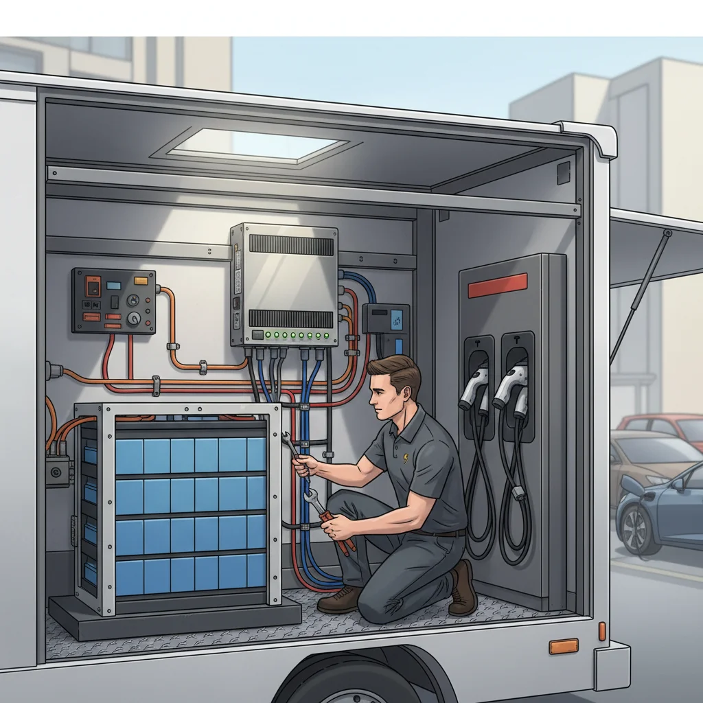 An operator plugging a 240-volt cable into an EV in a sunlit parking lot