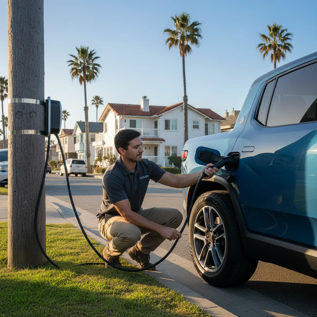 Technician plugging a CCS connector into a Rivian SUV on a tree-lined street