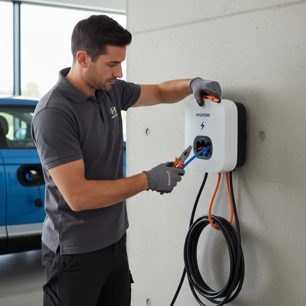 A home wall charger cable resting beside a parked electric crossover in a bright garage