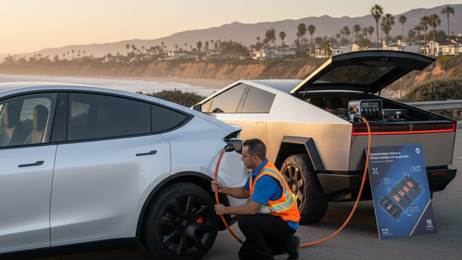 A light-colored electric crossover parked on a palm-lined Southern California street in late sun