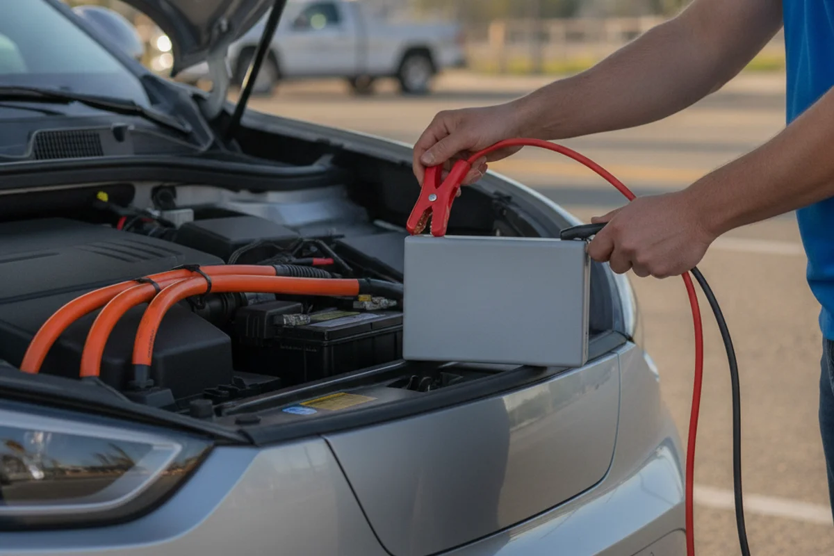 Jump-pack clamps on 12-volt posts in an electric crossover's open front compartment, with orange high-voltage cables visible