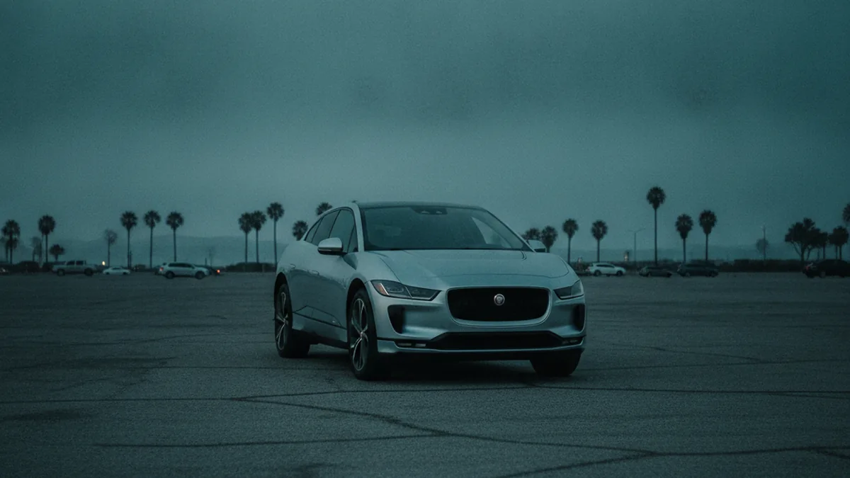 A Jaguar I-Pace electric SUV parked at dusk with a dark, unlit dashboard in a Southern California lot