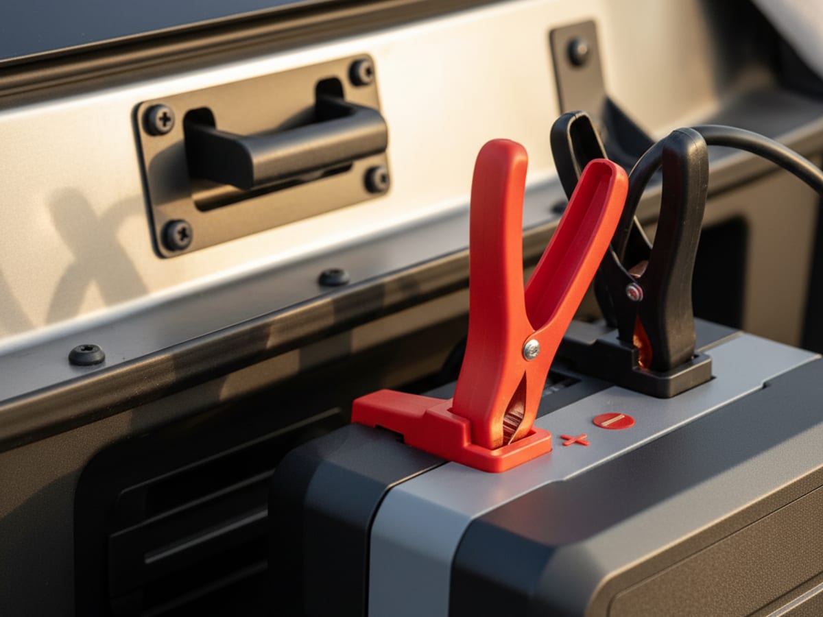 Red and black jumper leads on a lithium jump pack with polarity labels visible