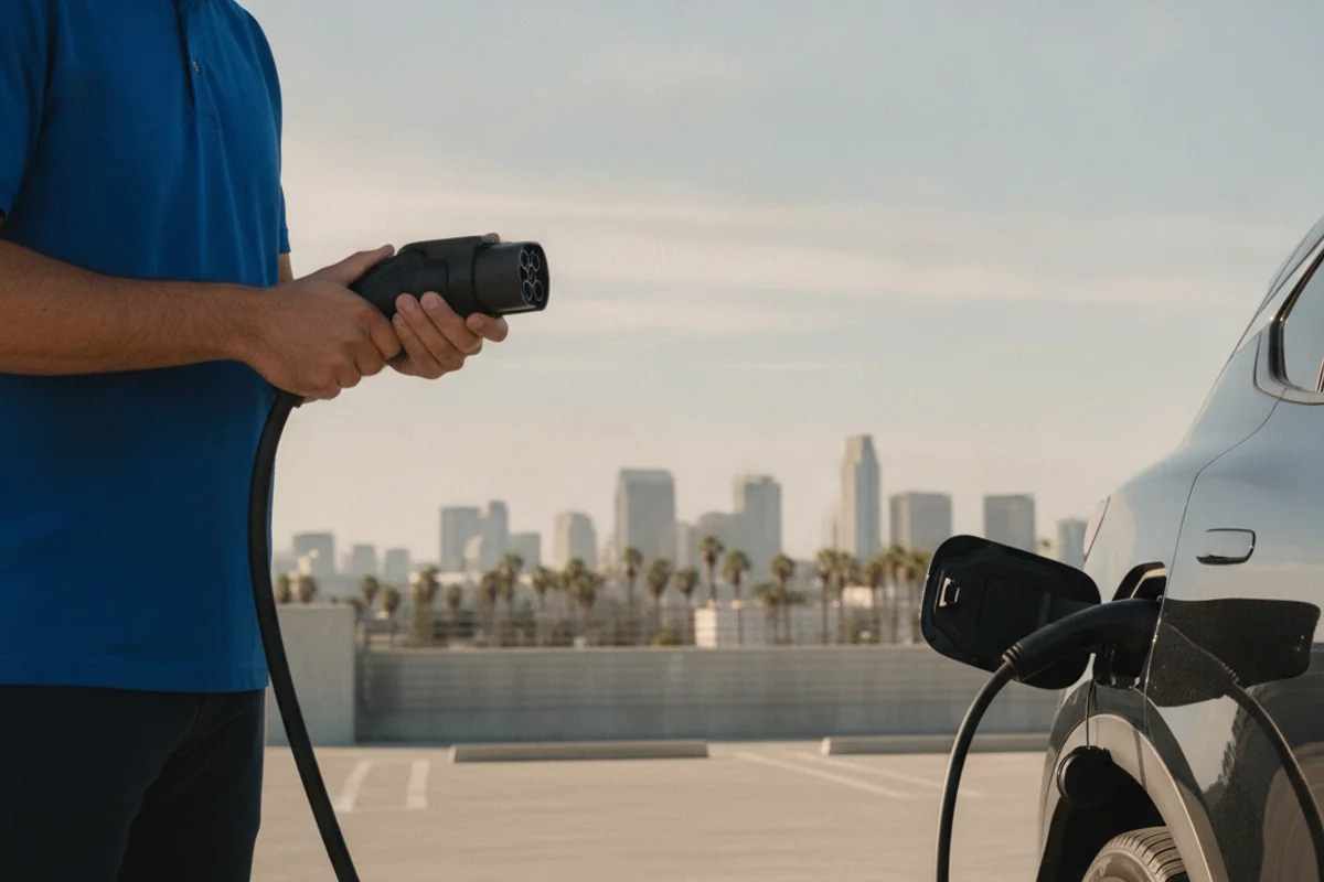 A technician checking charge-connector pins beside an electric crossover on a parking-structure deck