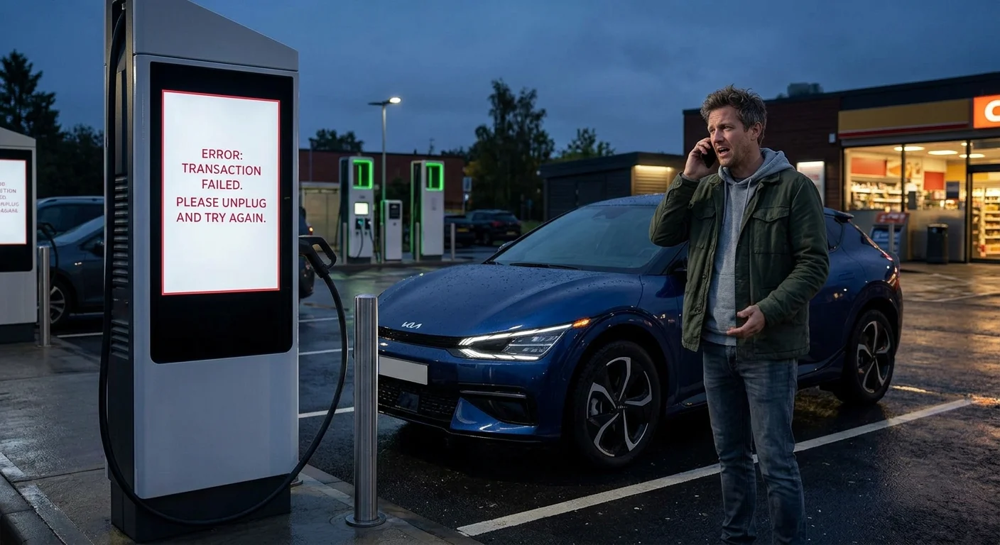 A Kia EV6 at a public charging stall at dusk, with a charging error on the dash