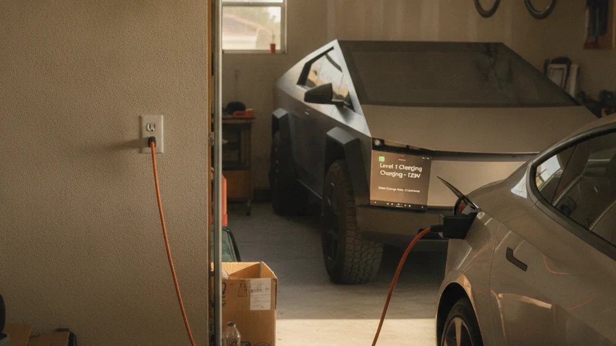 An EV charging cable plugged into a standard household wall outlet in a garage, with the dashboard showing a slow charge rate.