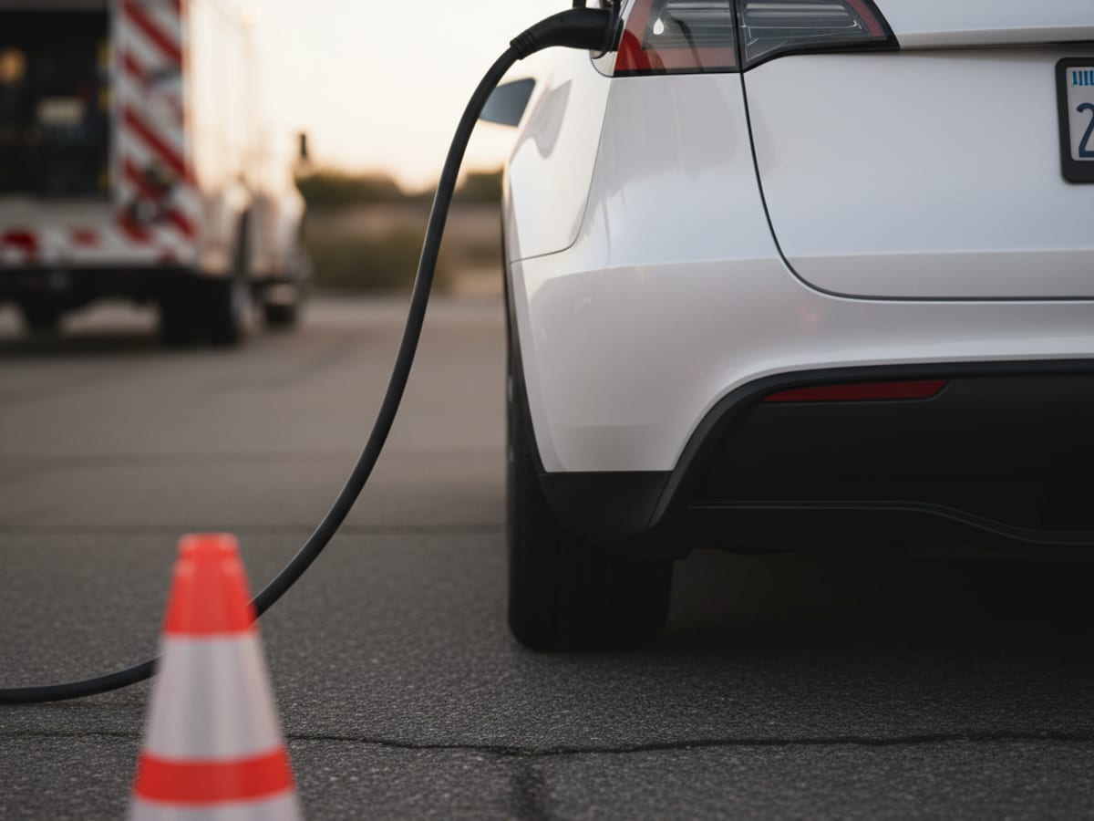 Charging cable from a mobile rescue truck plugged into an EV port beside an orange safety cone