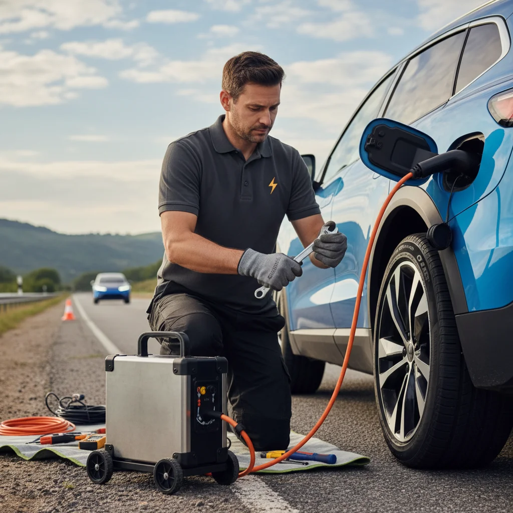 Charging cable from a truck bed outlet plugged into an EV charge port
