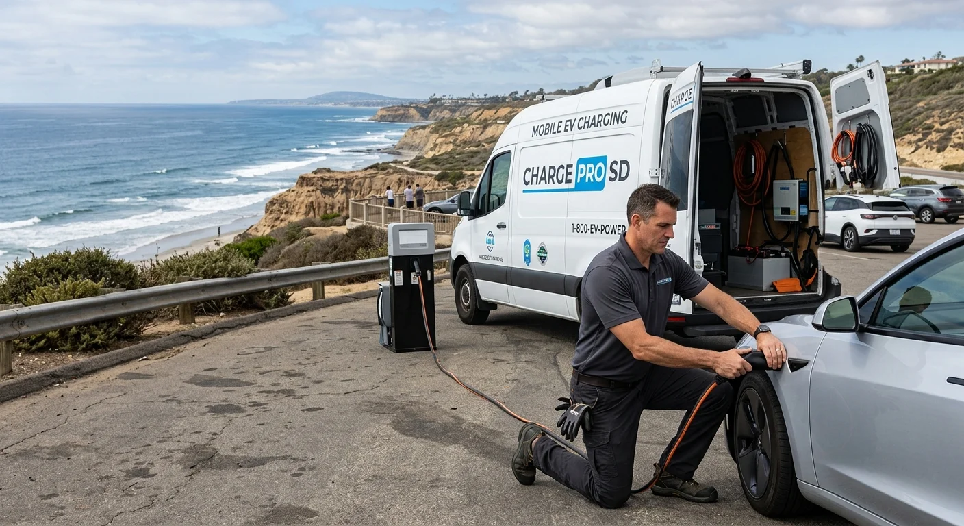 A mobile charging van connected to an EV at a scenic coastal overlook in Southern California