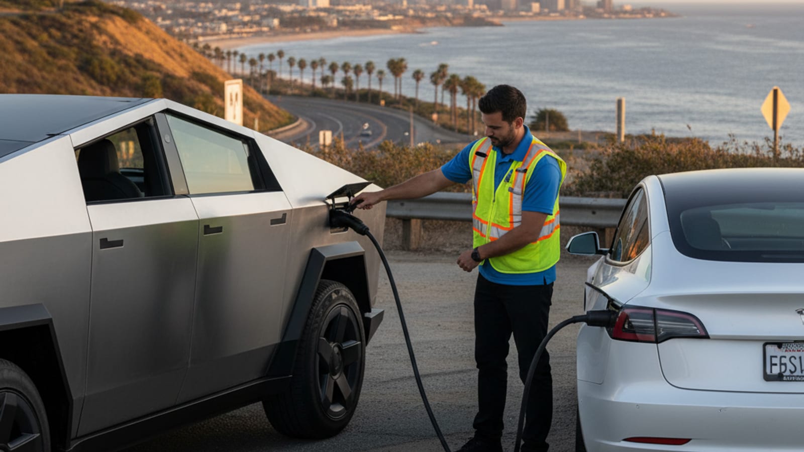 An electric car parked in a sunlit lot beside palm trees and a low commercial building