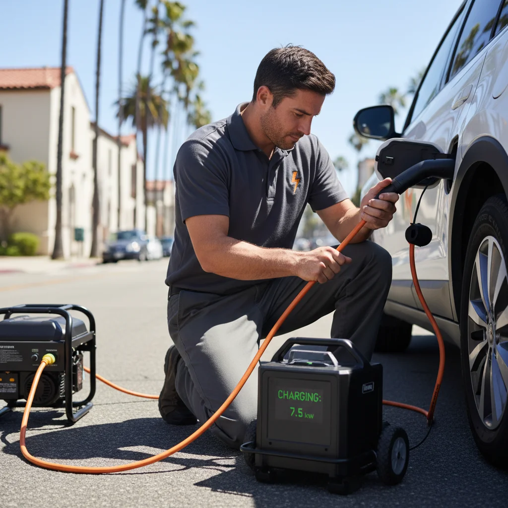 A work van parked beside a passenger EV on a suburban street with the charge port open