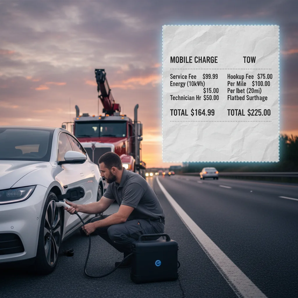 Invoice-style overlay comparing a mobile charge and a tow beside an EV on a freeway shoulder