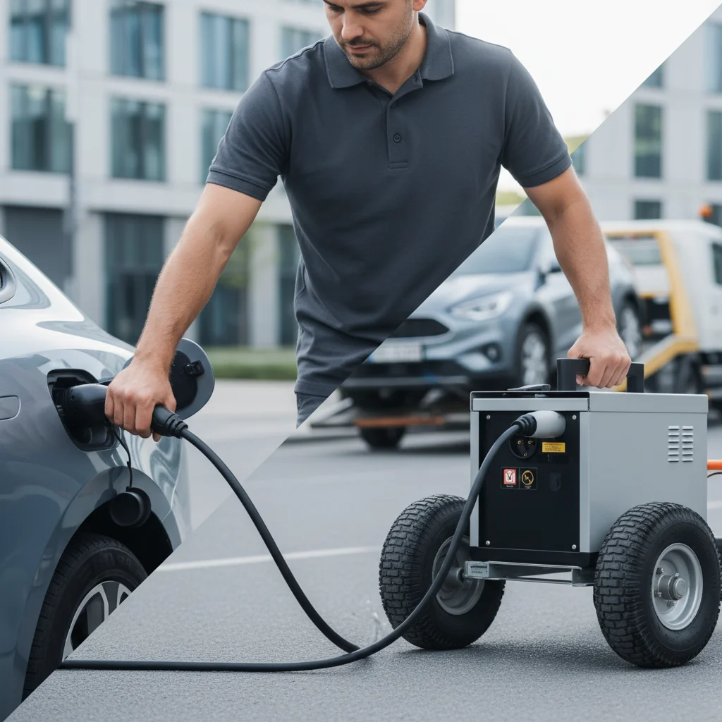A Level 2 cable plugged into an EV on an oak-lined canyon shoulder