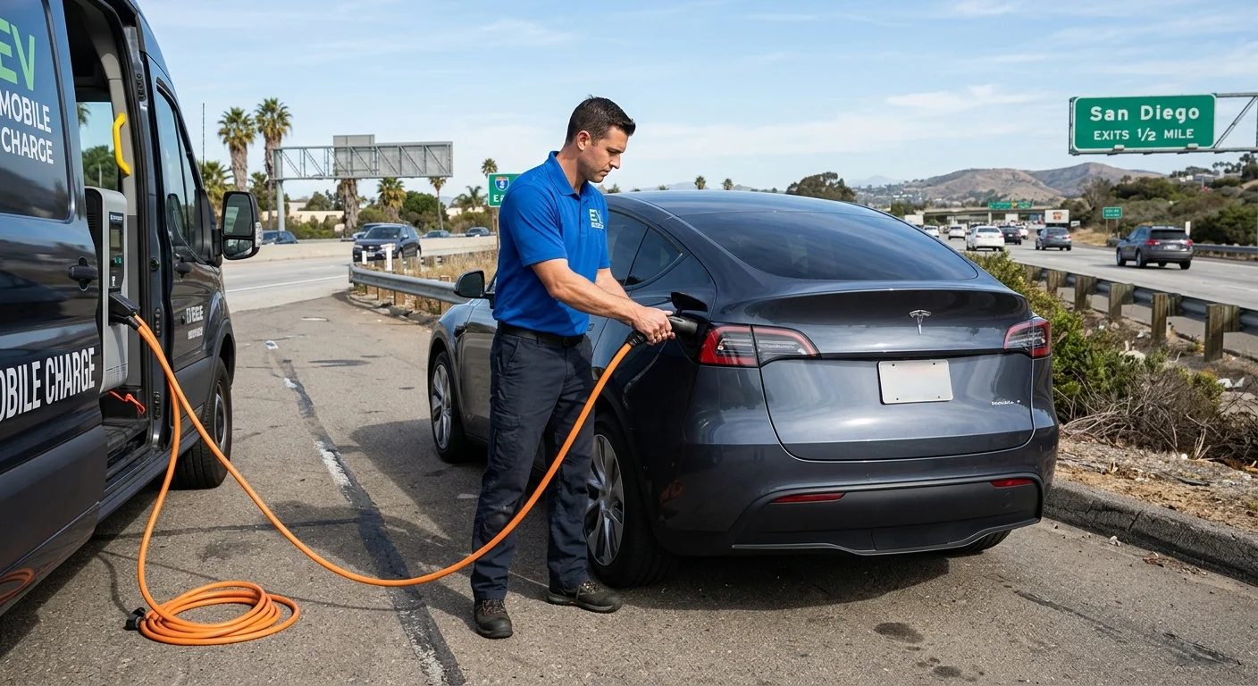 A Tesla parked beside a palm-lined freeway ramp while a driver checks a phone