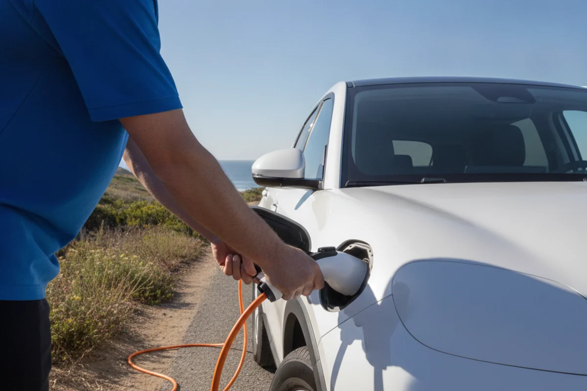 A technician seating a charging connector into the charge port of an electric crossover on a tree-lined road