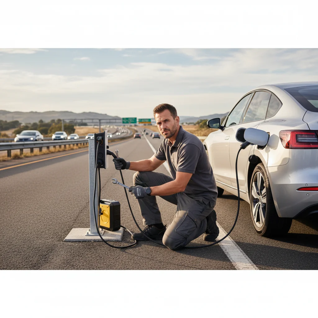 Electric car on a Southern California freeway shoulder with hazard lights on