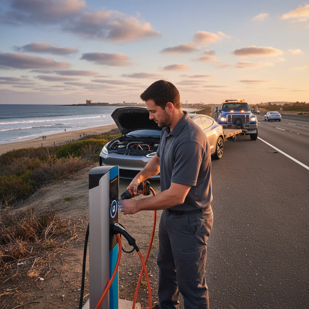 An electric car stopped on a coastal freeway shoulder with ocean light to the west as a rescue truck approaches