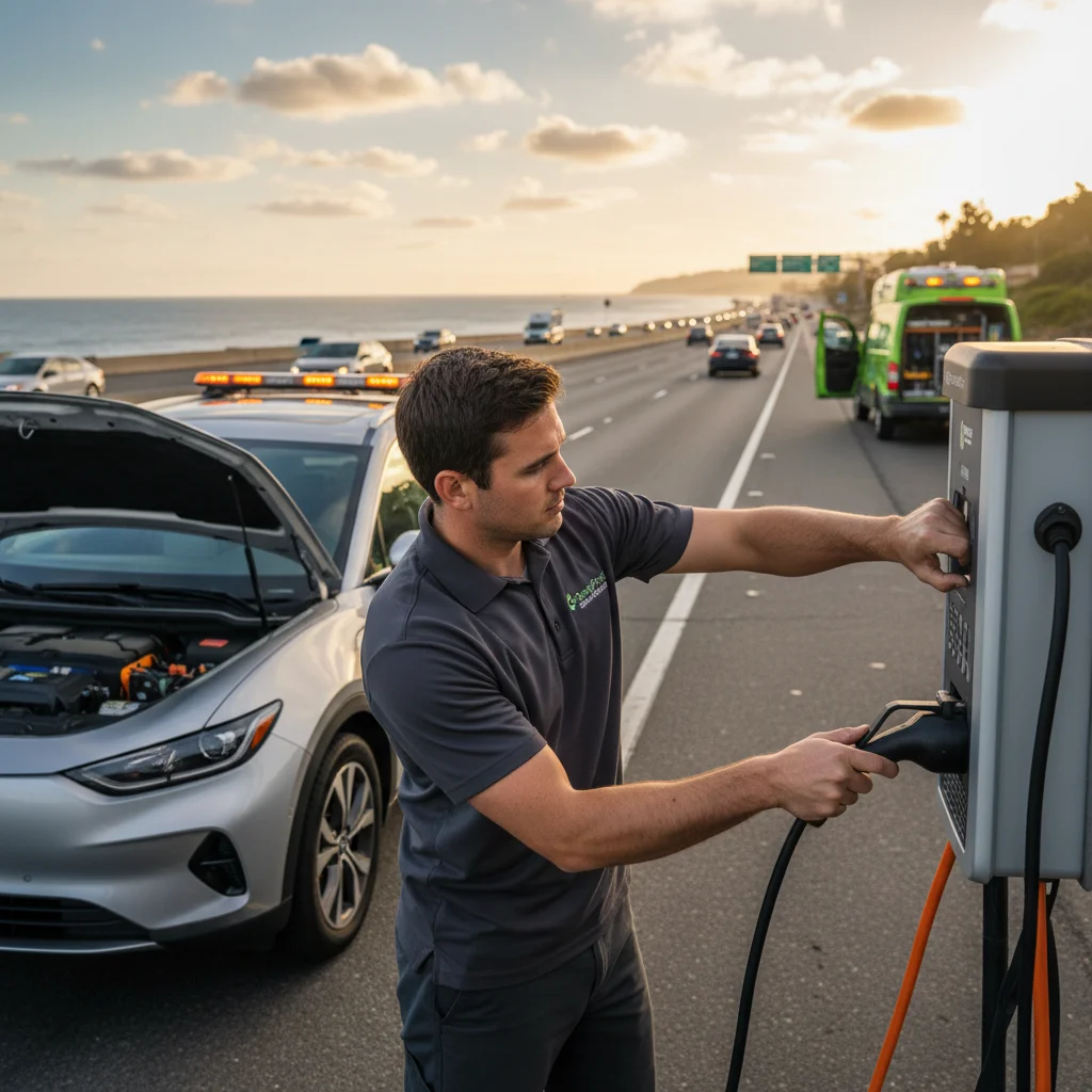 A mobile charging truck parked on a freeway shoulder behind an EV while traffic continues in the travel lanes