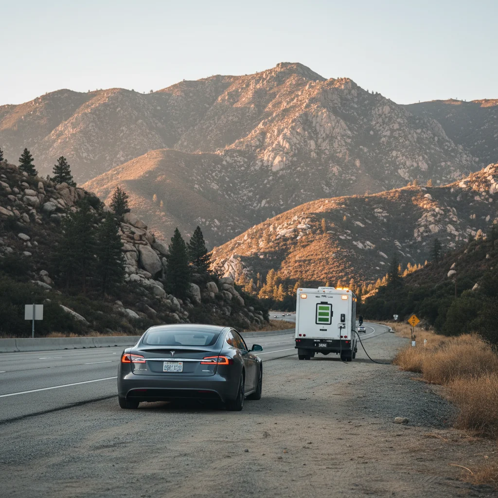 An electric car stopped on a rural two-lane shoulder with dry hills behind it