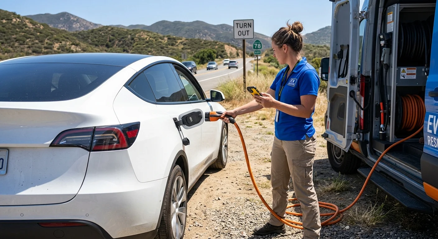 An electric car parked in a dry hillside turnout beside a winding canyon road
