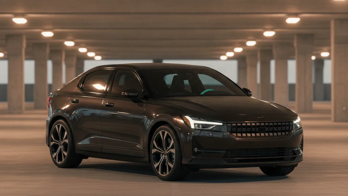 A Polestar 2 parked in a hotel lot with a dark cabin and closed frunk