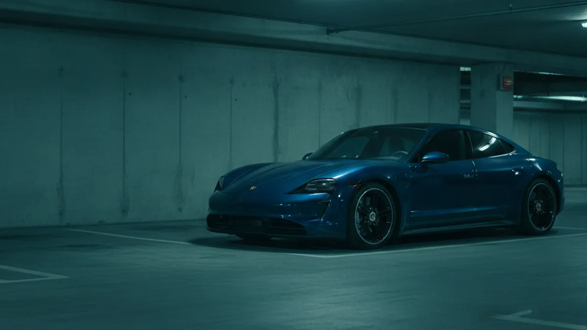 A Porsche Taycan in a hotel guest lot with a dark cabin after sitting overnight