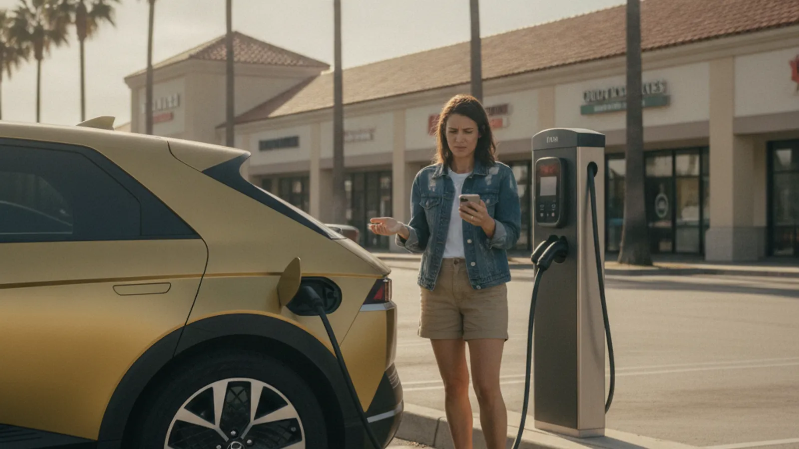 Driver standing beside a public DC fast charging kiosk with an error light in a shopping-center parking lot
