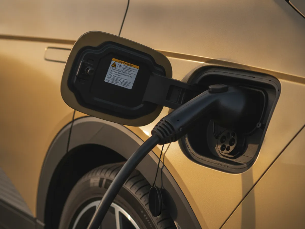 CCS charging cable and adapter connected to a compact EV charge port during a mobile charging session