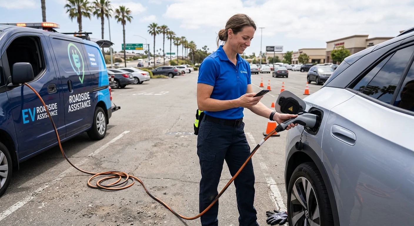 A driver standing beside a parked EV on a bright Southern California street, phone in hand