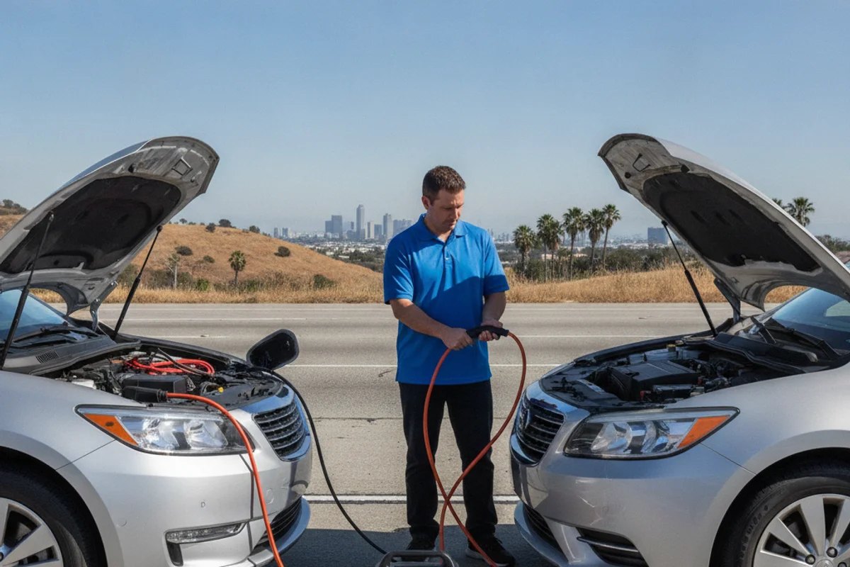 Two cars parked hood to hood beside a dry landscaped roadside with jumper cables between the open bays