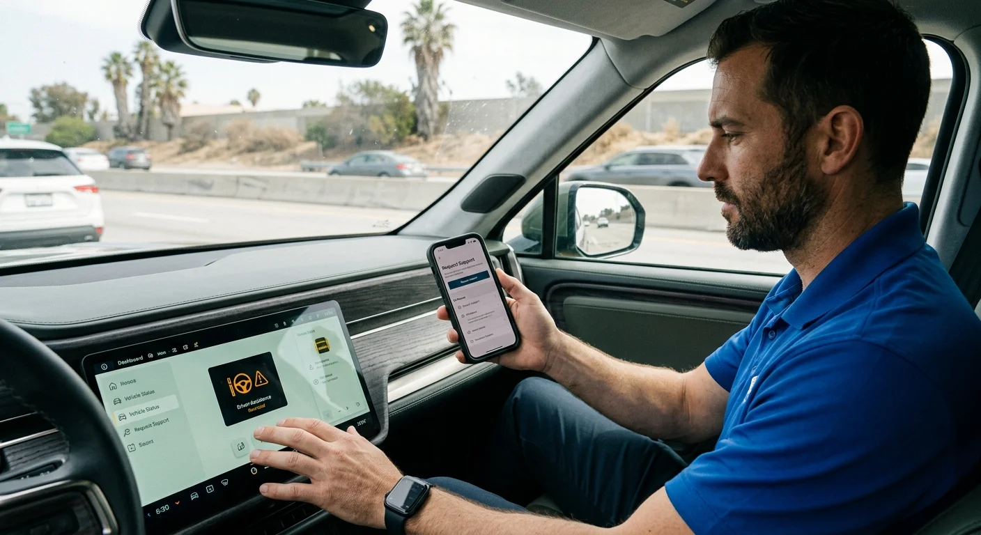 A driver checking an EV dashboard on a tree-lined Southern California street