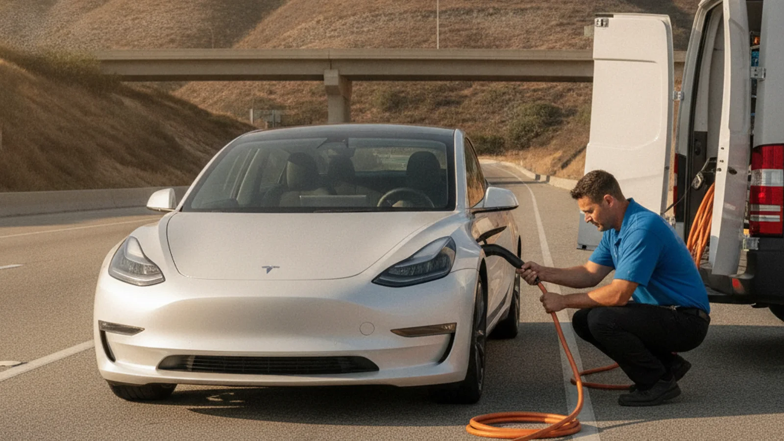 An electric vehicle parked on a paved shoulder beside inland freeway ramps and dry hills