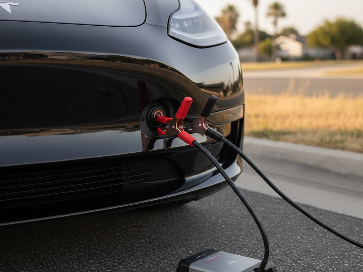 Portable 12V jump pack with red and black leads clipped to terminals on a Tesla front bumper