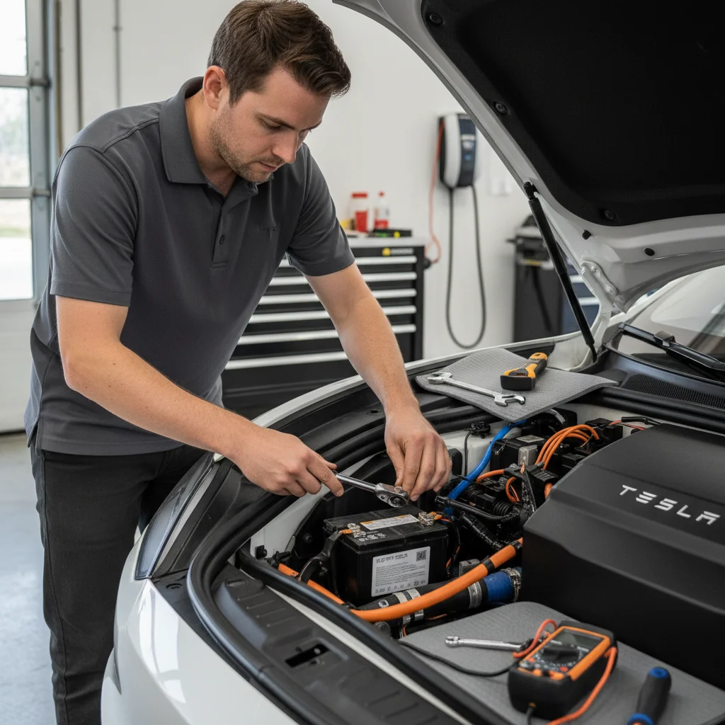 Open garage workbench with EV tools beside a car's front trunk area