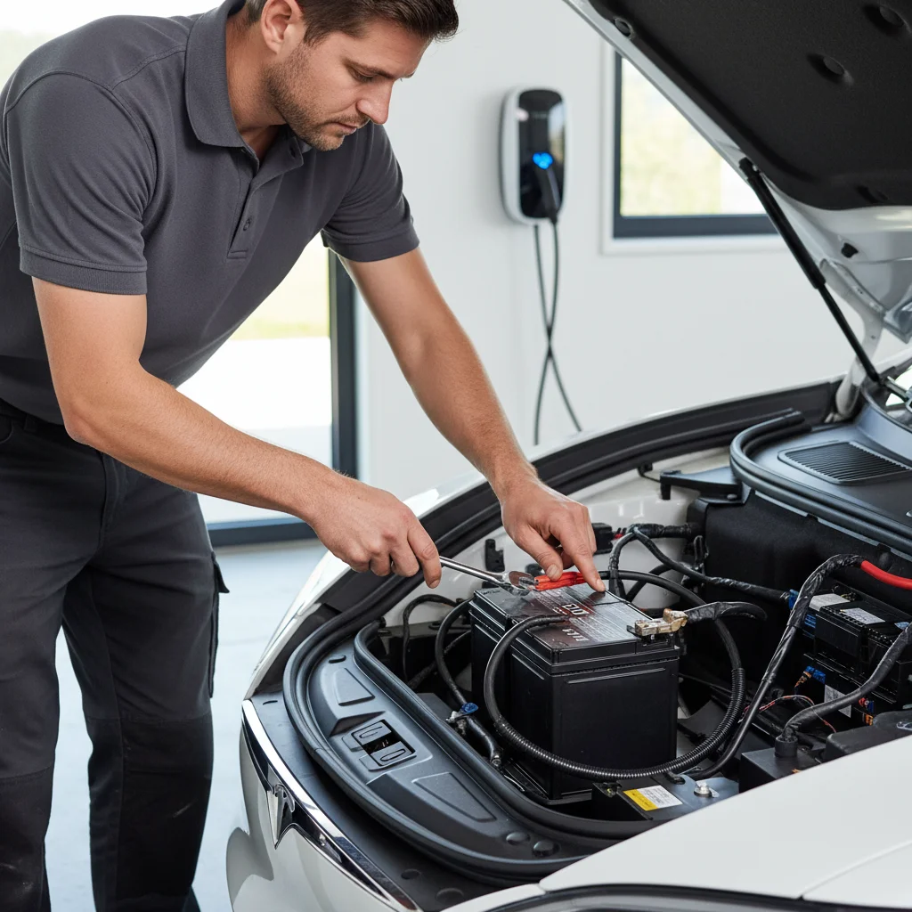Open EV frunk showing a small 12V battery with meter leads on the terminals