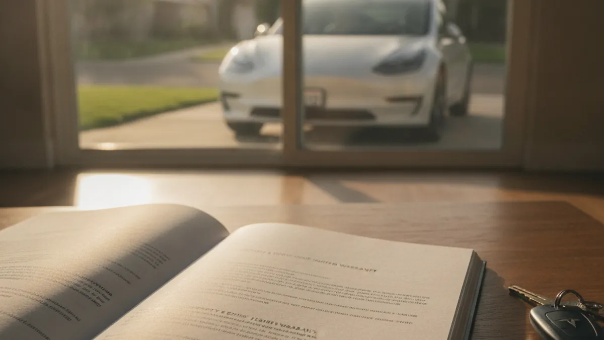 A white Tesla in a sunlit driveway with an owner's manual open on the hood