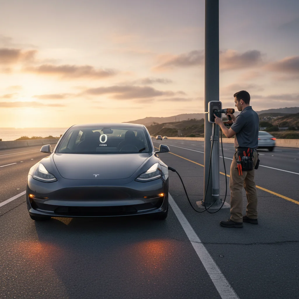 Tesla on a freeway shoulder at dusk with hazards on and the dash at zero miles
