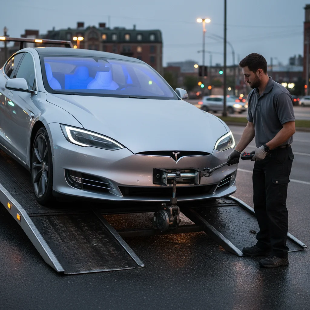 Technician guiding a Tesla onto a flatbed with the wheels kept straight