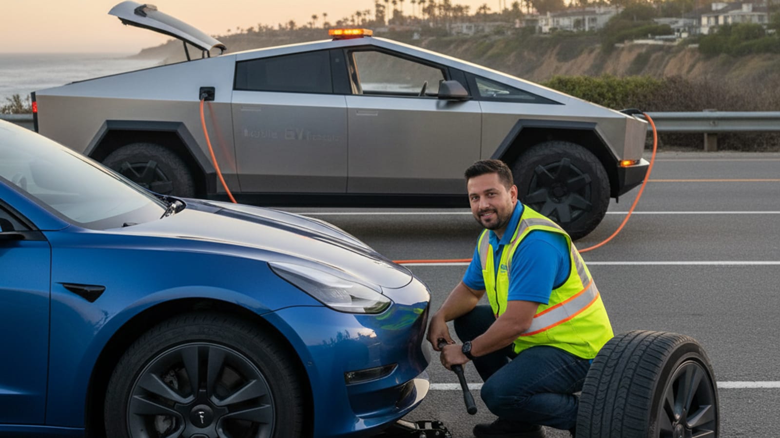 A Tesla on a freeway shoulder with a flattened tire and traffic moving past in Southern California sun